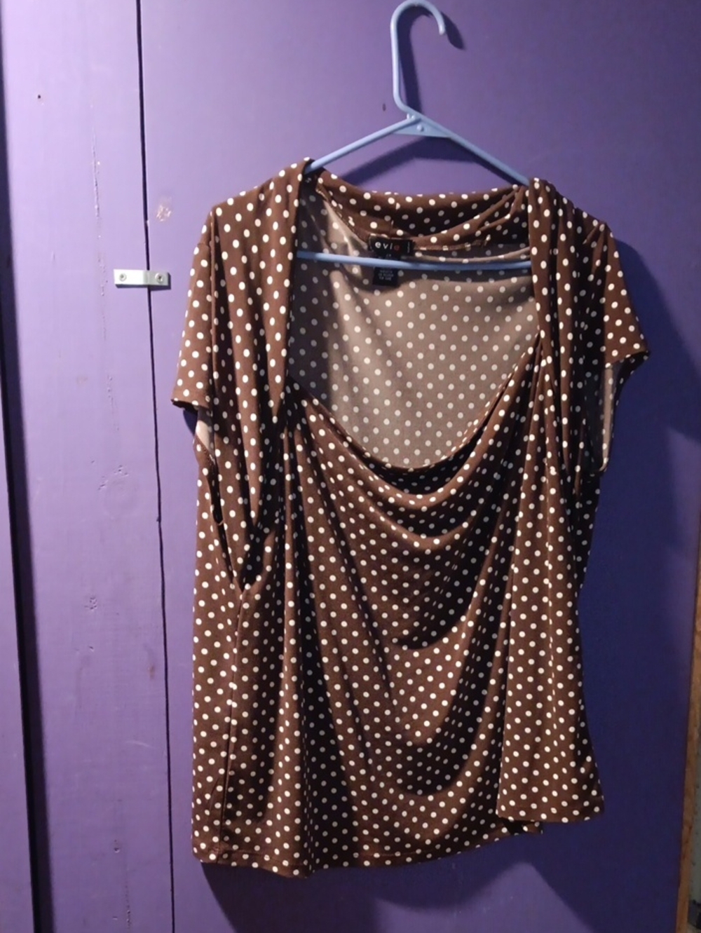 EVIE Brown Polka Dot Short Sleeve Draped Neck Blouse